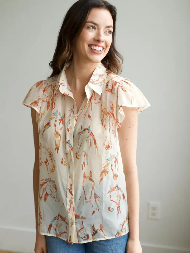 Ivory Horse Head Flutter Sleeve Blouse