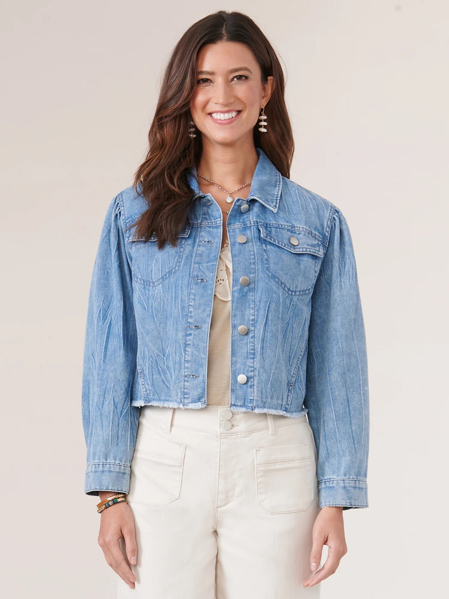 Democracy Long Puff Sleeve Fray Hem Denim Jacket