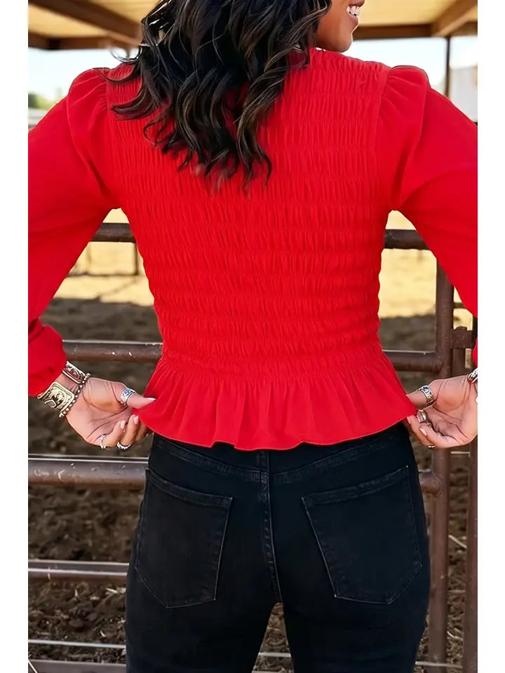 Smocked Ruffle Hem Long Sleeve Blouse