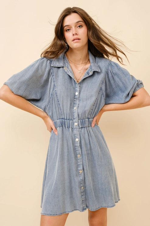 Soft Tencel Snap Up Puff Denim Dress Creations In Thread, LLC Soft Tencel Snap Up Puff Denim Dress Creations In Thread, LLC