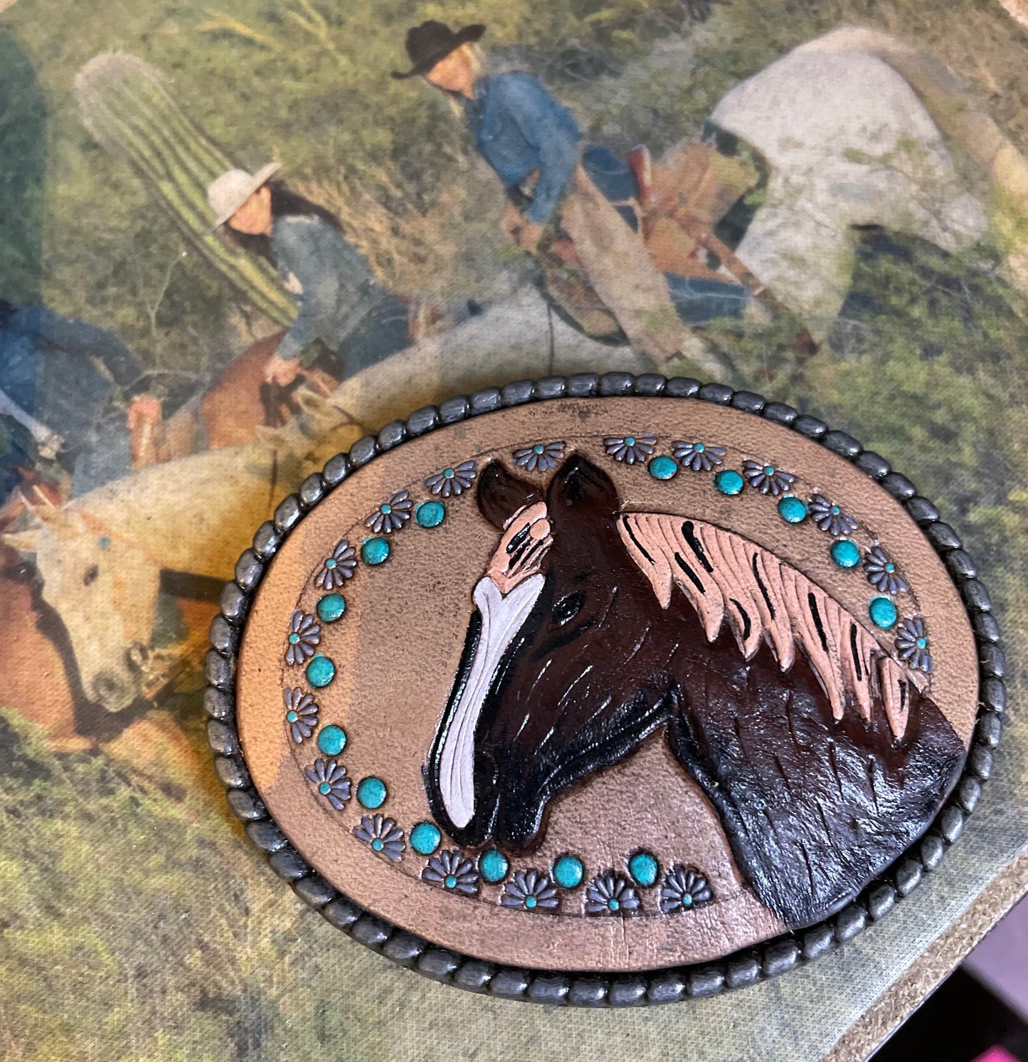 Tooled Leather Belt Buckle