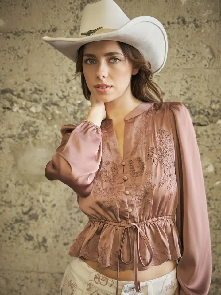 Blue B Embroidered Satin Blouse