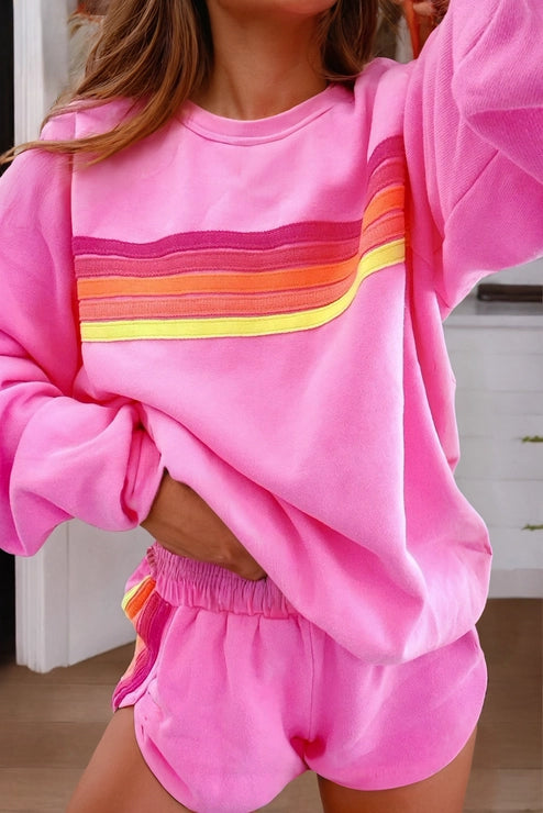 Color Contrast Trim Long Sleeve Top & Shorts Set
