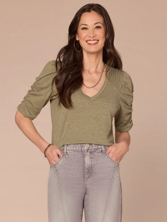 Democracy Elbow Puff Sleeve Scallop V-Neck Top