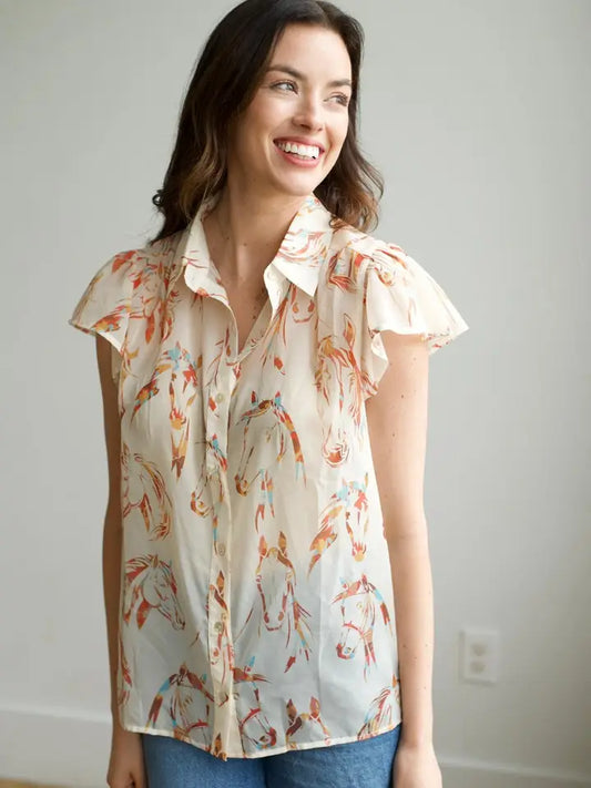 Ivory Horse Head Flutter Sleeve Blouse
