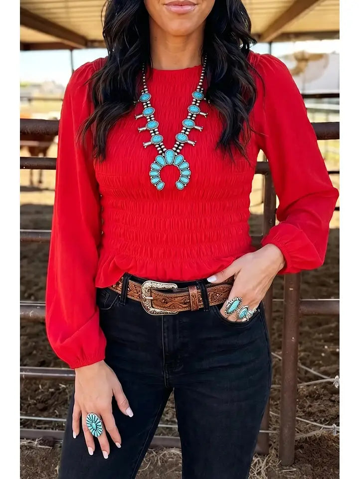 Smocked Ruffle Hem Long Sleeve Blouse