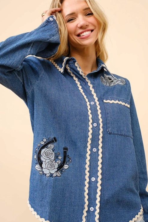 Embroidered Denim Tops